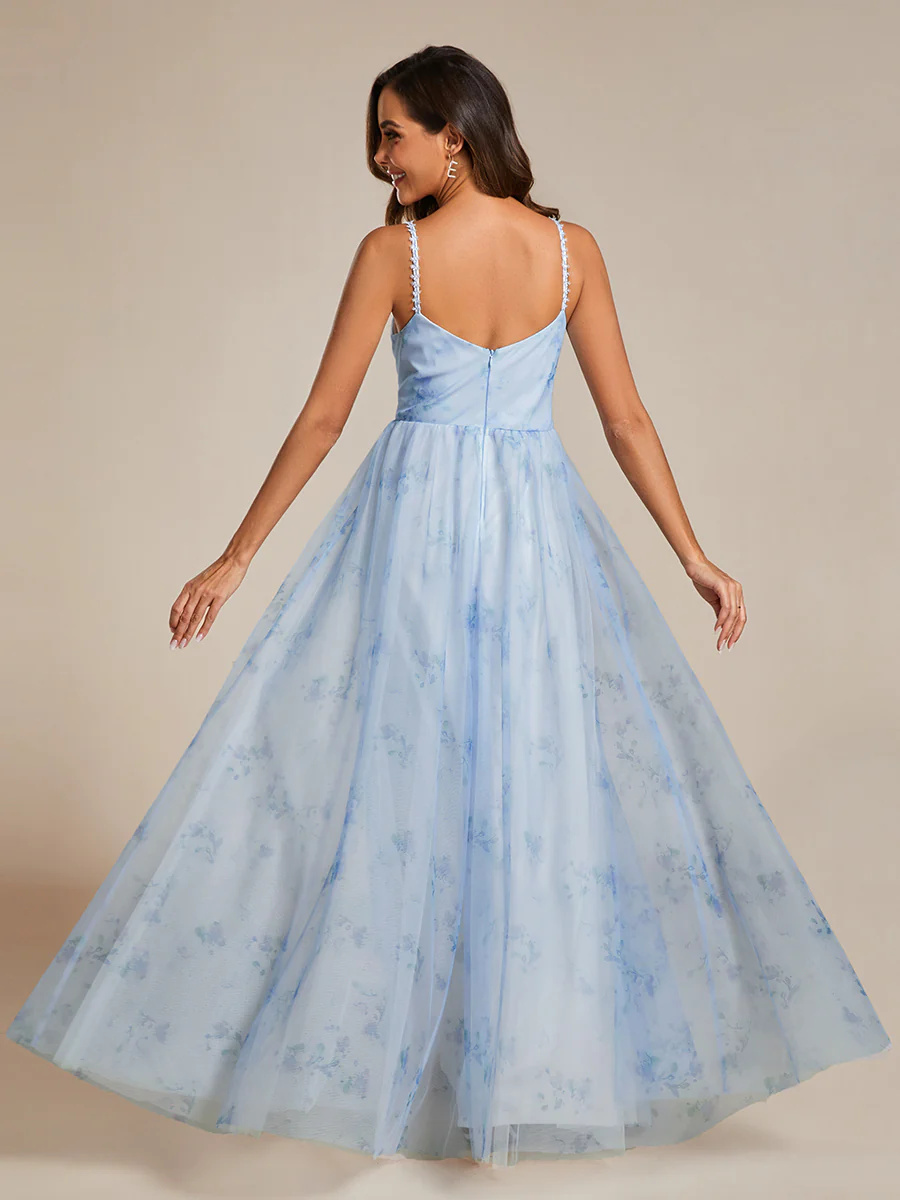 V-Neck Tulle Floral Printed Spaghetti Strap Bridesmaid Dress #EMEE02122