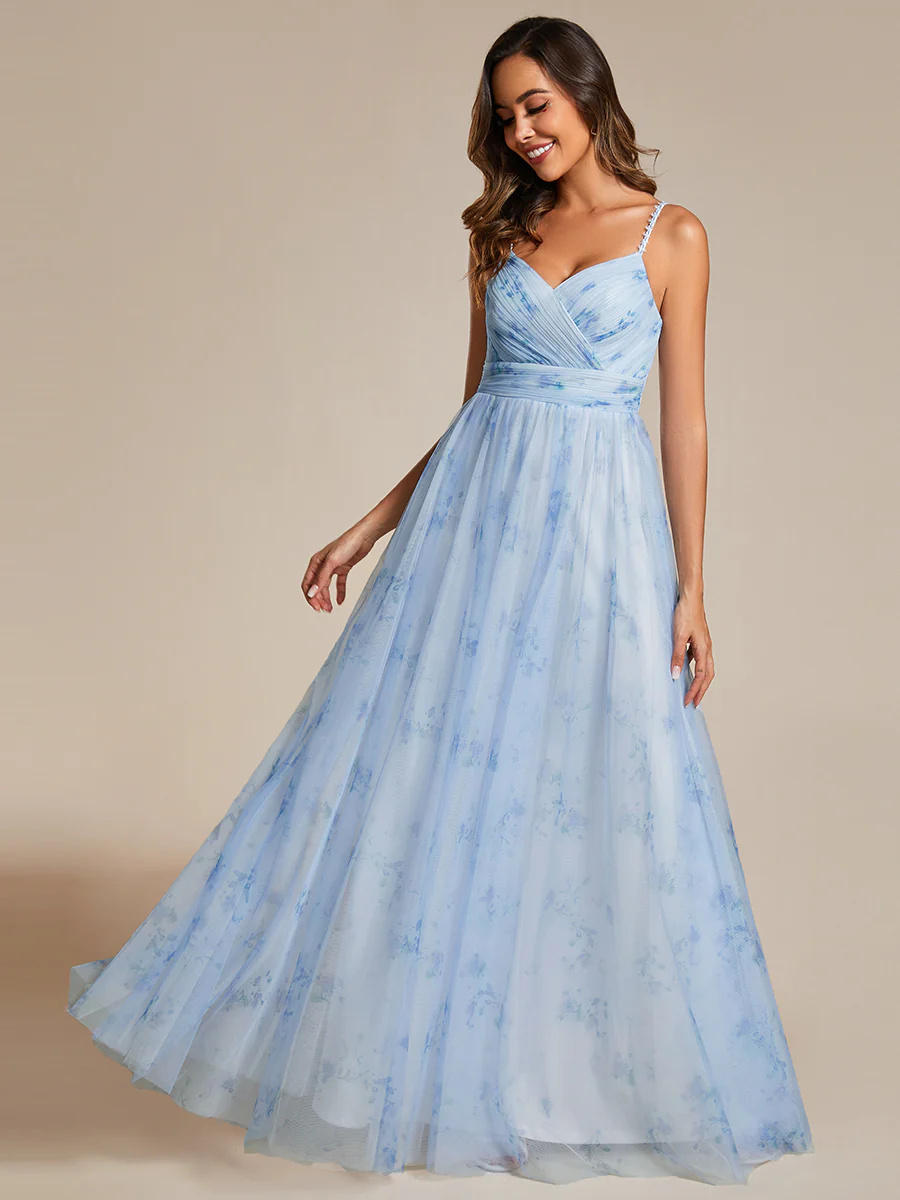 V-Neck Tulle Floral Printed Spaghetti Strap Bridesmaid Dress #EMEE0212