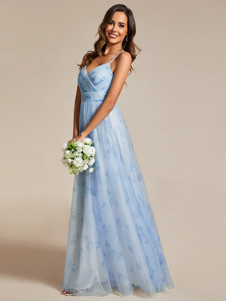 V-Neck Tulle Floral Printed Spaghetti Strap Bridesmaid Dress #EMEE02122