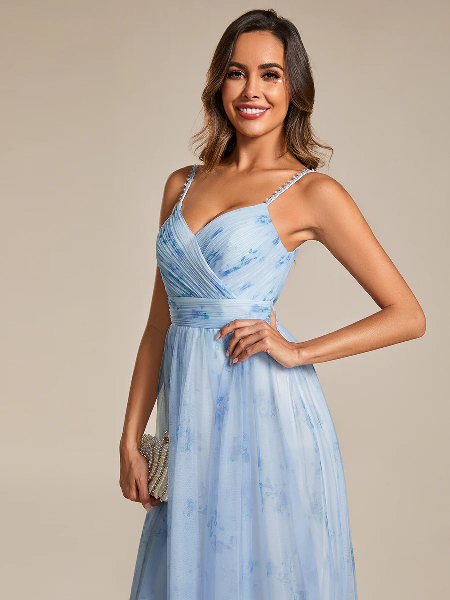 V-Neck Tulle Floral Printed Spaghetti Strap Bridesmaid Dress #EMEE02122