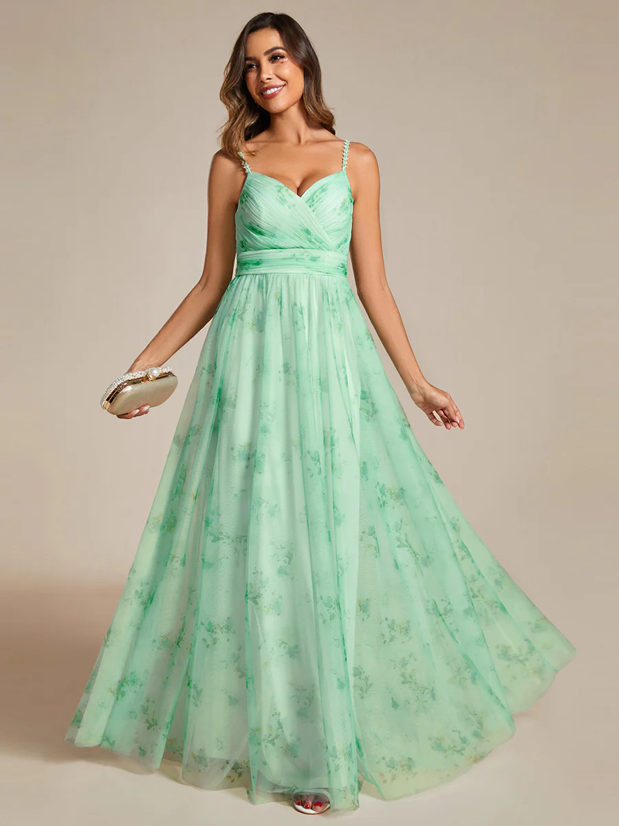 V-Neck Tulle Floral Printed Spaghetti Strap Bridesmaid Dress #EMEE02122