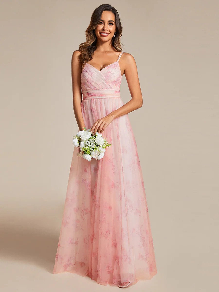 V-Neck Tulle Floral Printed Spaghetti Strap Bridesmaid Dress #EMEE02122