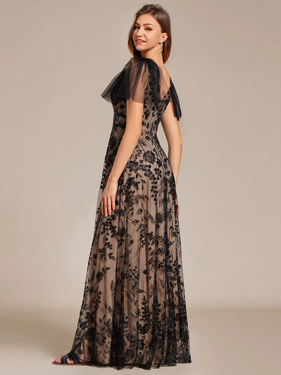 Elegant Embroidery Deep V-Neck Ruffles Short Sleeves Tulle Bridesmaid Dress #EMEE02224