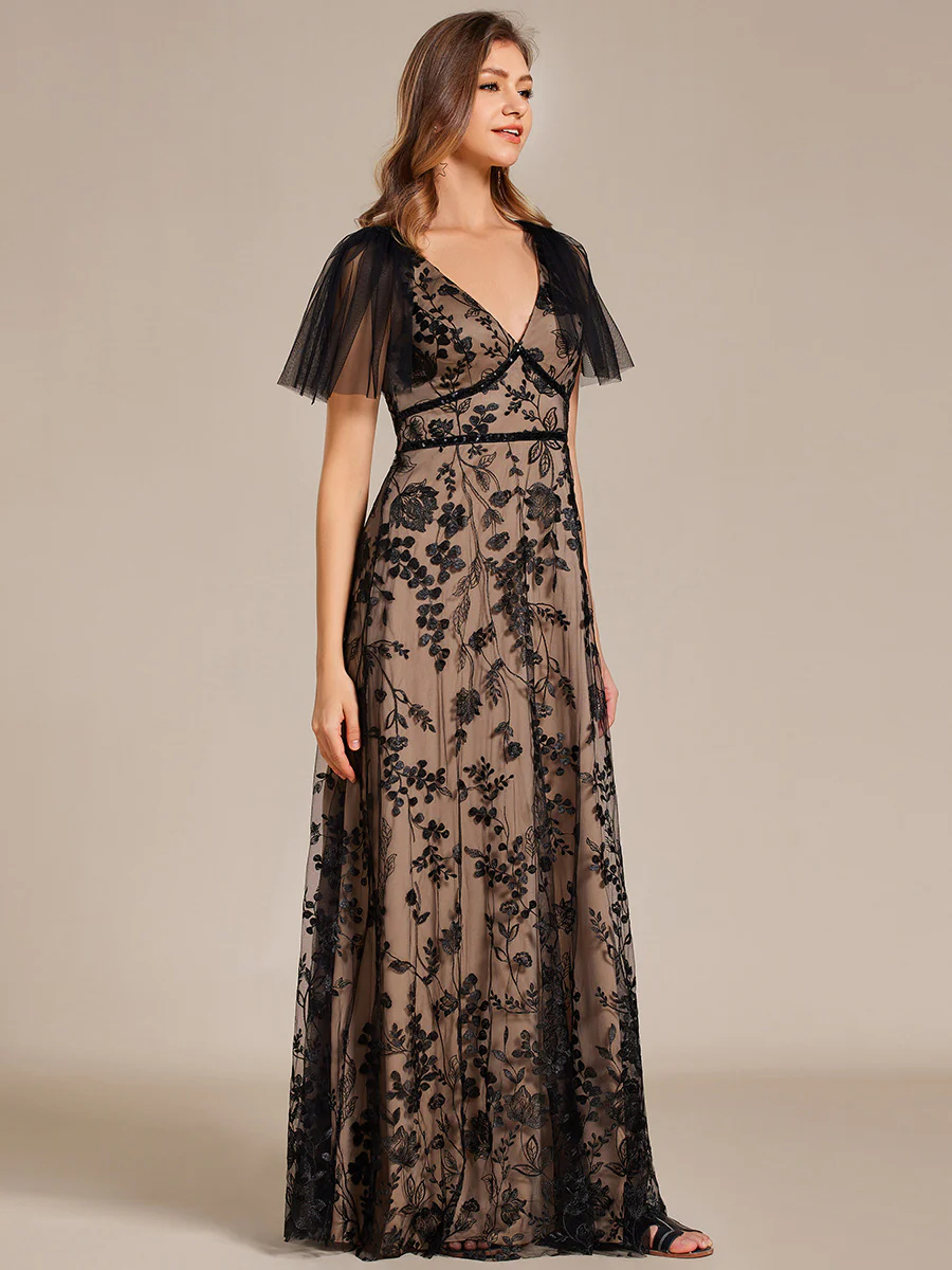Elegant Embroidery Deep V-Neck Ruffles Short Sleeves Tulle Bridesmaid Dress #EMEE02224