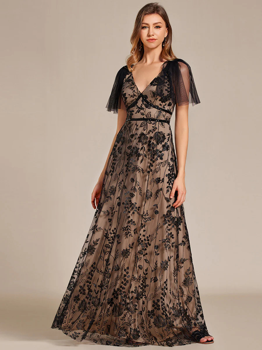 Elegant Embroidery Deep V-Neck Ruffles Short Sleeves Tulle Bridesmaid 