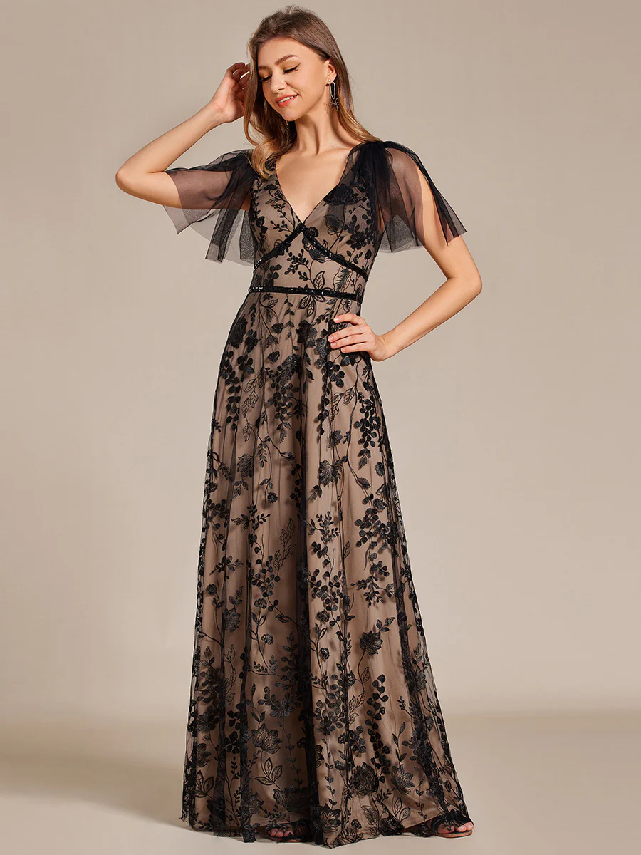 Elegant Embroidery Deep V-Neck Ruffles Short Sleeves Tulle Bridesmaid Dress #EMEE02224