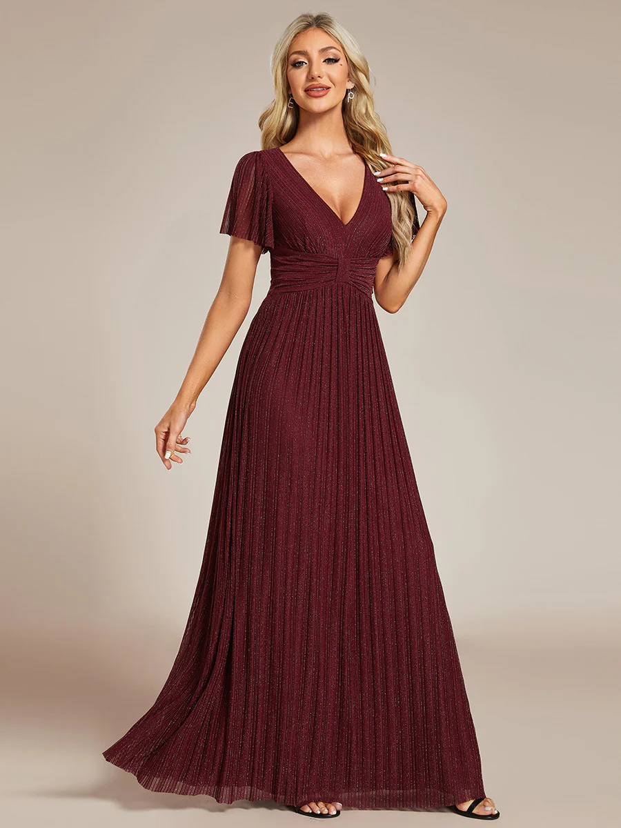 Alluring Glittery V-Neck Bowknot Waist Mesh Fabric Bridesmaid Dress