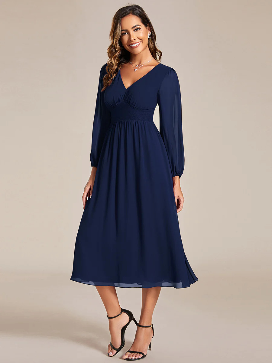 Elegance Knee Length Chiffon Long Sleeves Wedding Guest Dress #EMEG01929
