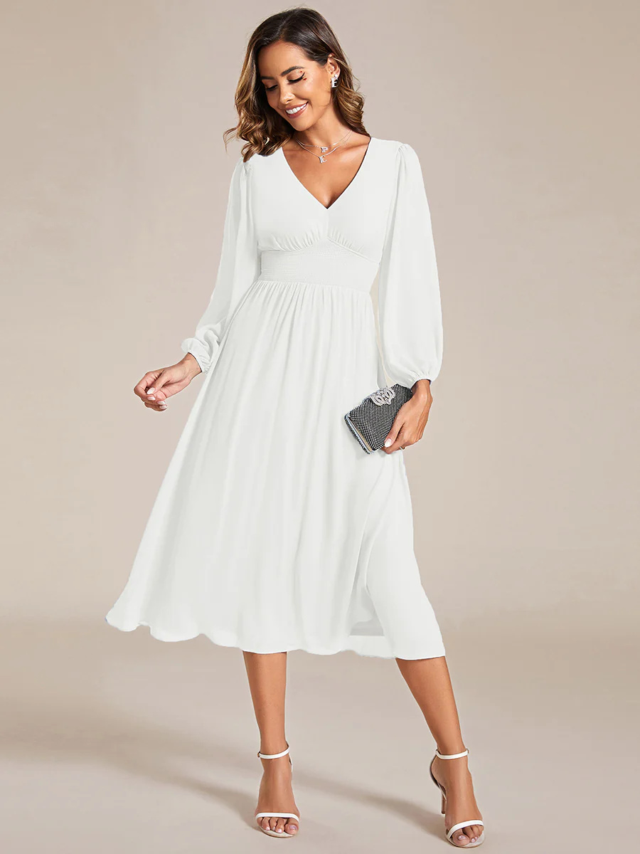 Elegance Knee Length Chiffon Long Sleeves Wedding Guest Dress #EMEG019