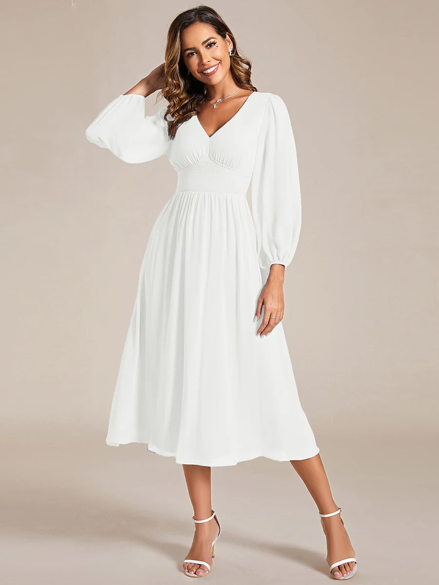 Elegance Knee Length Chiffon Long Sleeves Wedding Guest Dress #EMEG01929