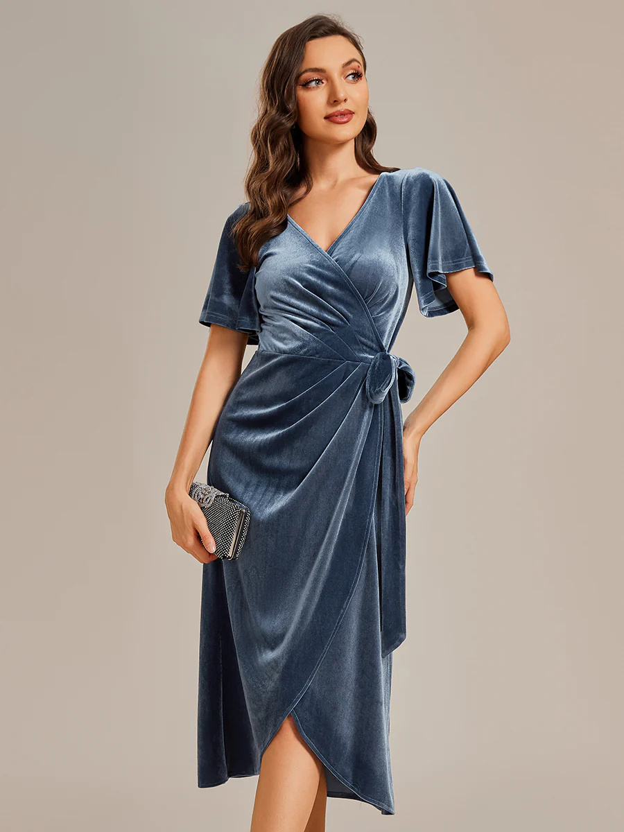 One-piece Type Velvet Tea Length Wedding Guest Dress #EMEG01964