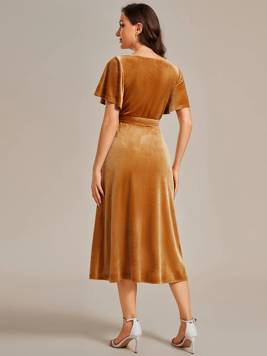 One-piece Type Velvet Tea Length Wedding Guest Dress #EMEG01964