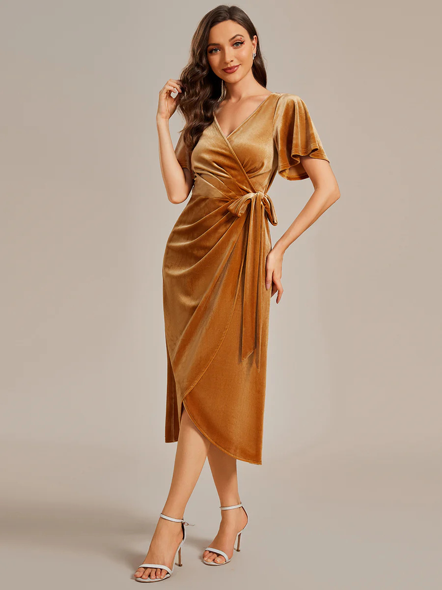 One-piece Type Velvet Tea Length Wedding Guest Dress #EMEG01964