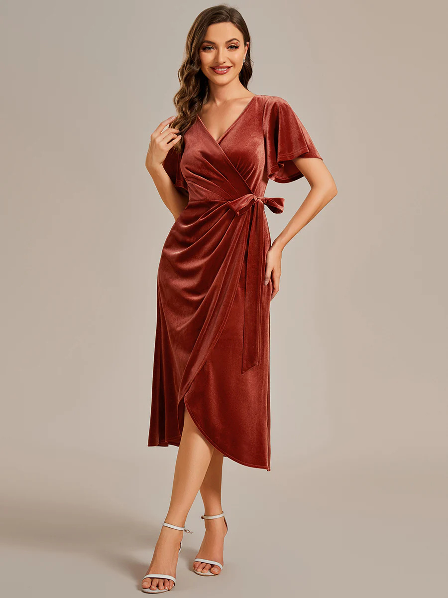 One-piece Type Velvet Tea Length Wedding Guest Dress #EMEG01964