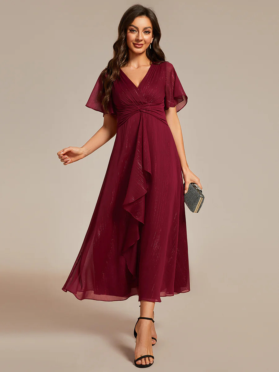 Shimmer V Neck Tea Length Wedding Guest Dress With Short Sleeves #EMEG02131