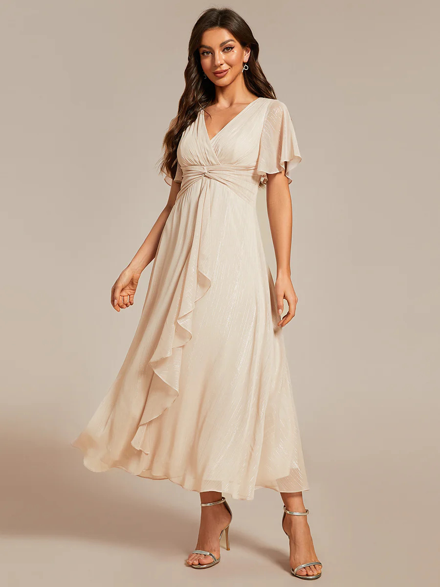 Shimmer V Neck Tea Length Wedding Guest Dress With Short Sleeves #EMEG02131