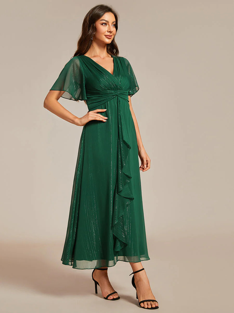 Shimmer V Neck Tea Length Wedding Guest Dress With Short Sleeves #EMEG02131