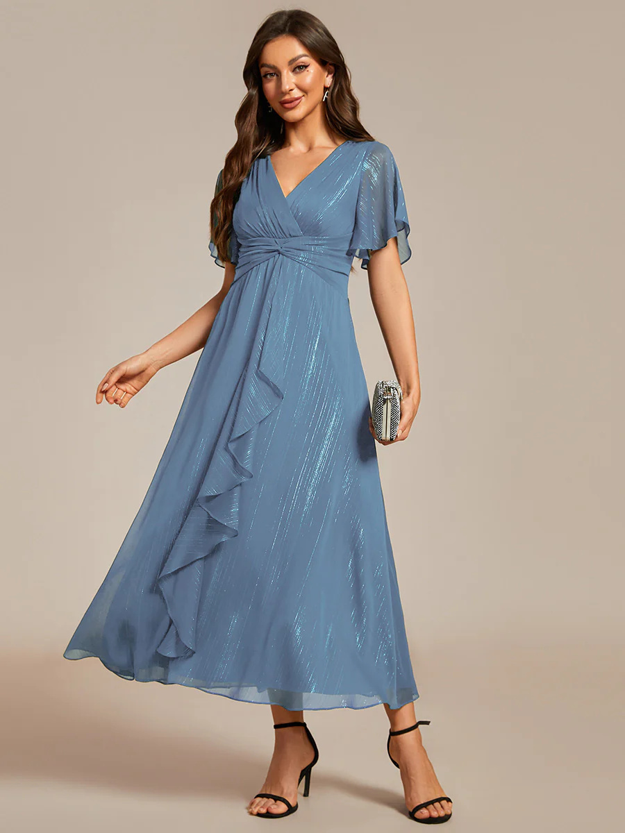 Shimmer V Neck Tea Length Wedding Guest Dress With Short Sleeves #EMEG02131