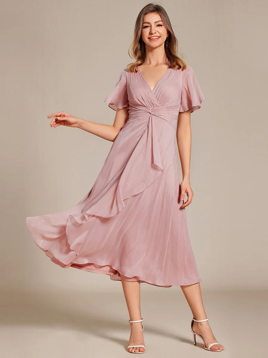 Shimmer V Neck Tea Length Wedding Guest Dress With Short Sleeves #EMEG02131