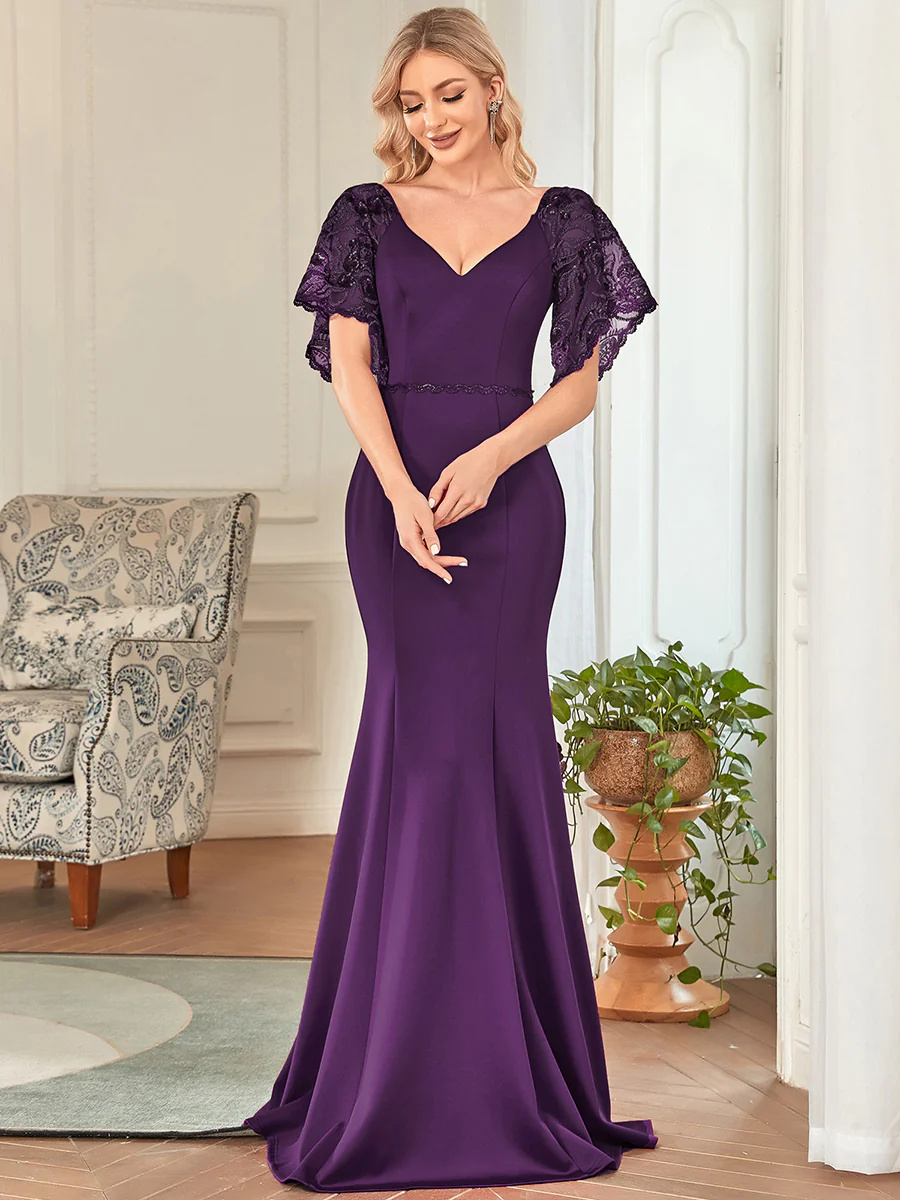 Sexy Maxi Long Deep V-Neck Bridesmaid Dress With Flare Sleeves #EMEP00550