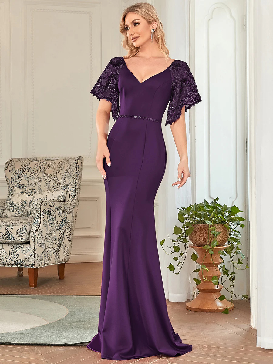 Sexy Maxi Long Deep V-Neck Bridesmaid Dress With Flare Sleeves #EMEP00550