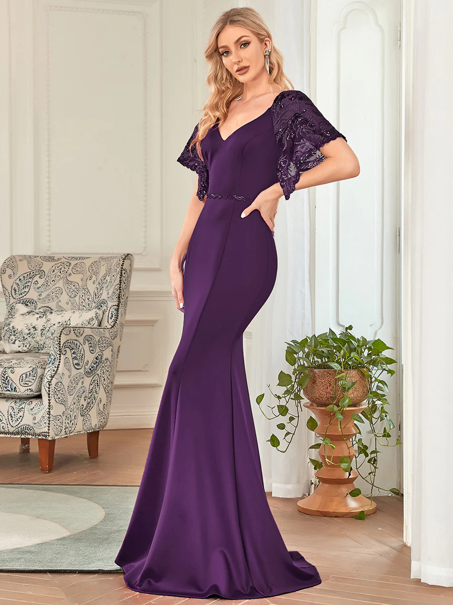 Sexy Maxi Long Deep V-Neck Bridesmaid Dress With Flare Sleeves #EMEP00550