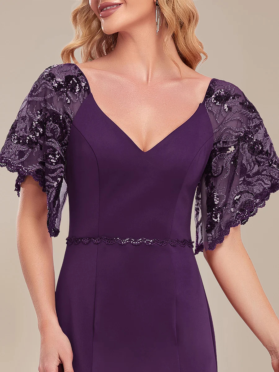 Sexy Maxi Long Deep V-Neck Bridesmaid Dress With Flare Sleeves #EMEP00550