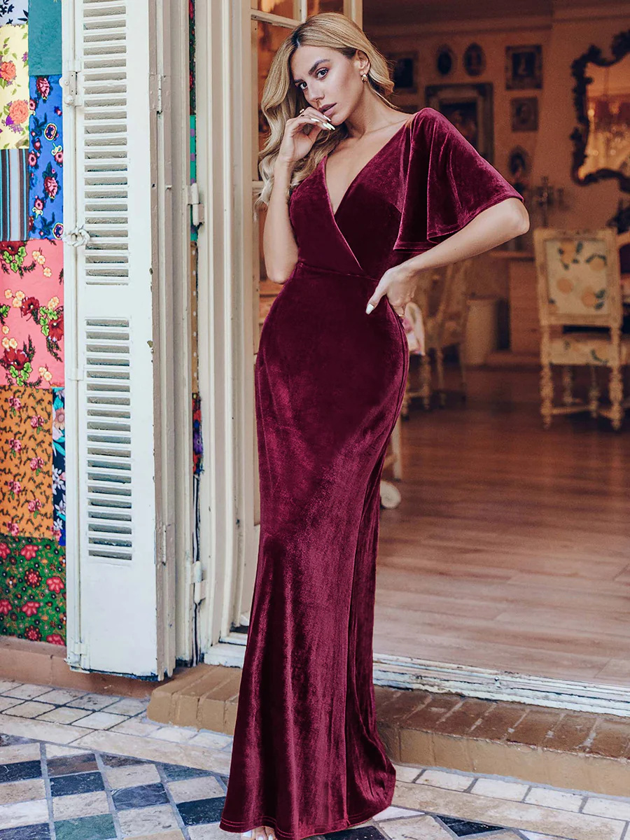 Elegant Double V Neck Velvet Bridesmaid Dress #EMEP00861