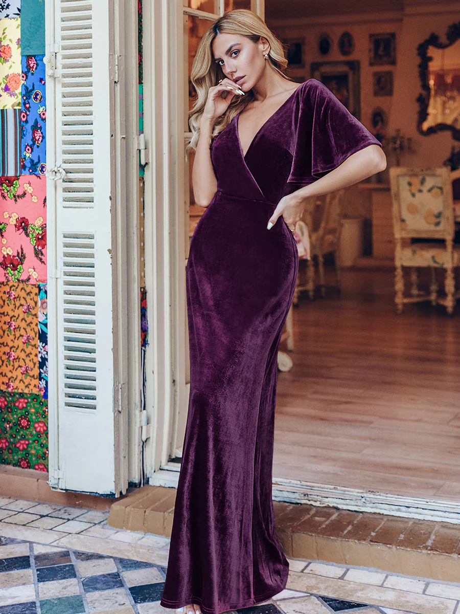Elegant Double V Neck Velvet Bridesmaid Dress #EMEP00861