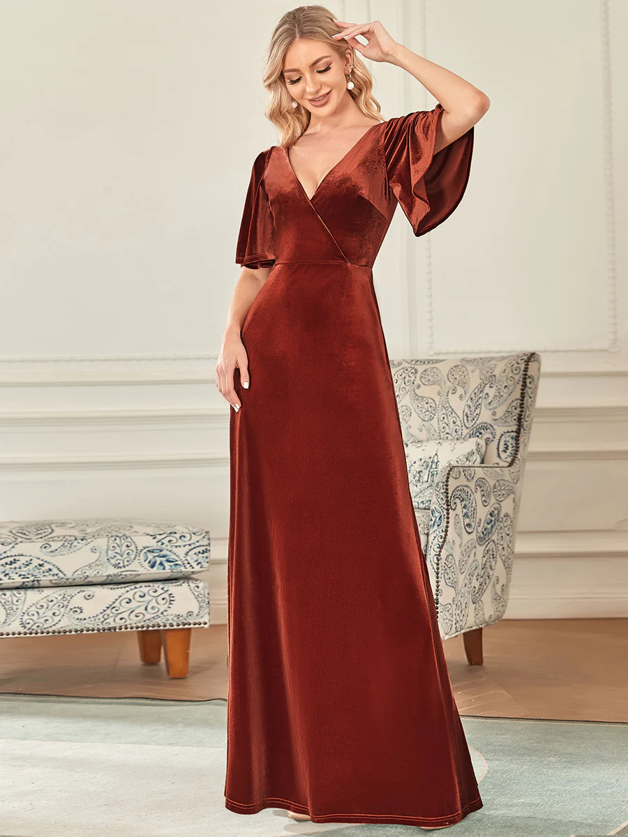 Elegant Double V Neck Velvet Bridesmaid Dress #EMEP00861