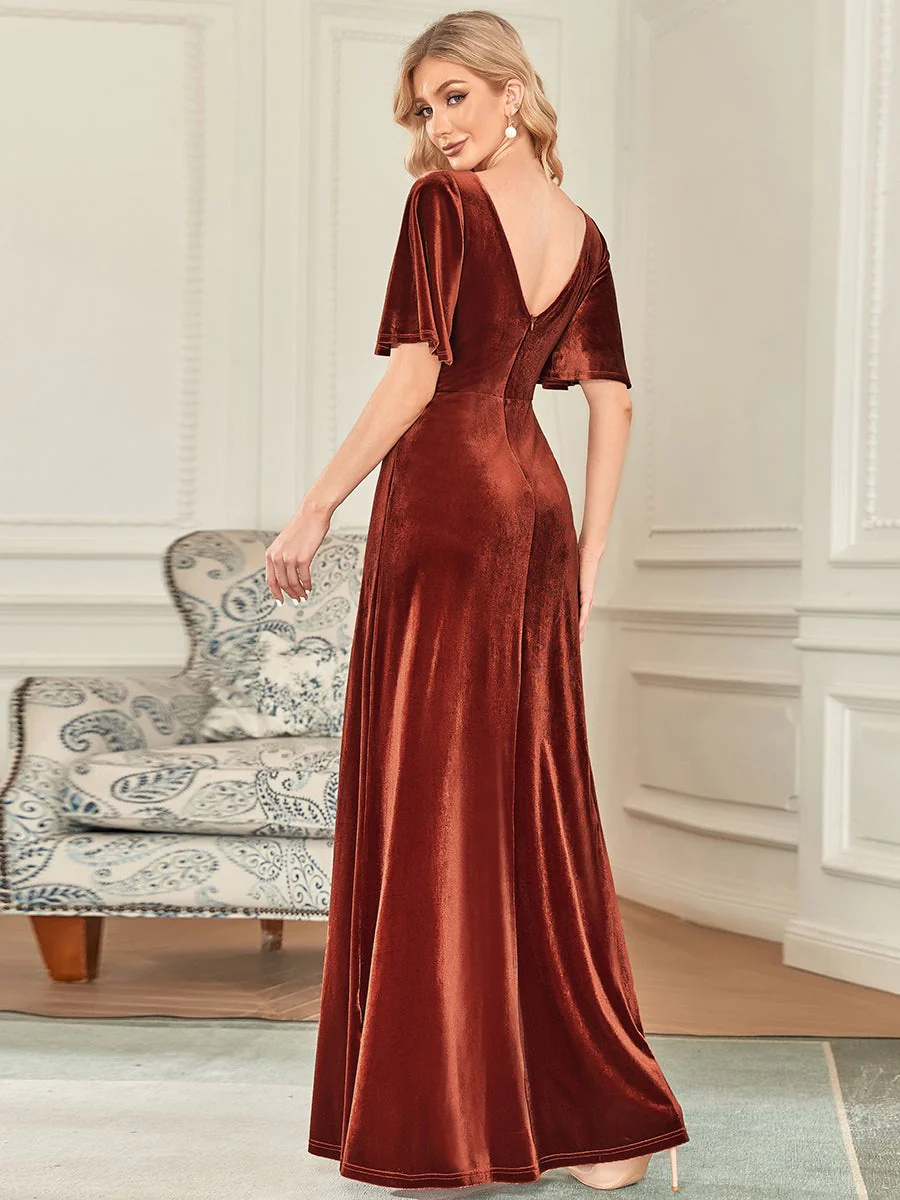 Elegant Double V Neck Velvet Bridesmaid Dress #EMEP00861