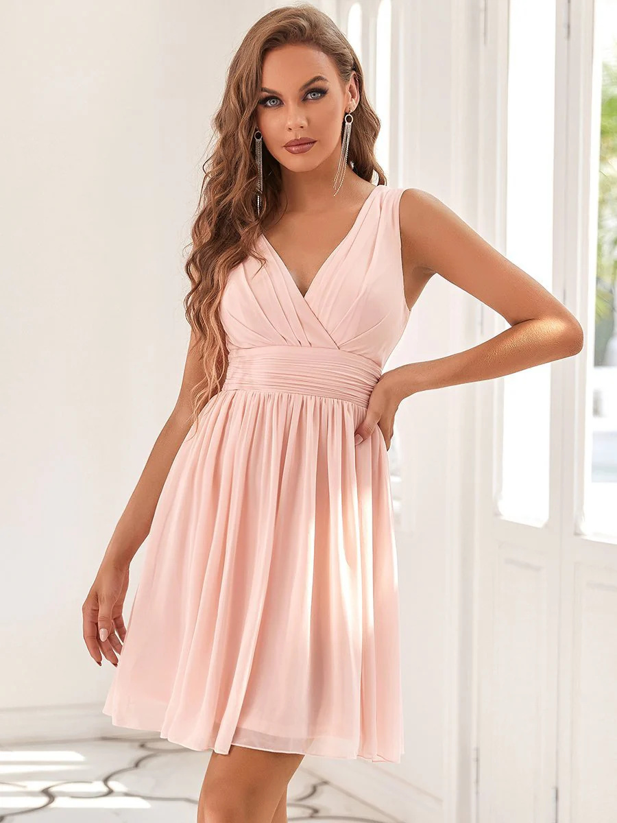 Double V-neck Chiffon Pleated Bridesmaid Dress #EMEP03989