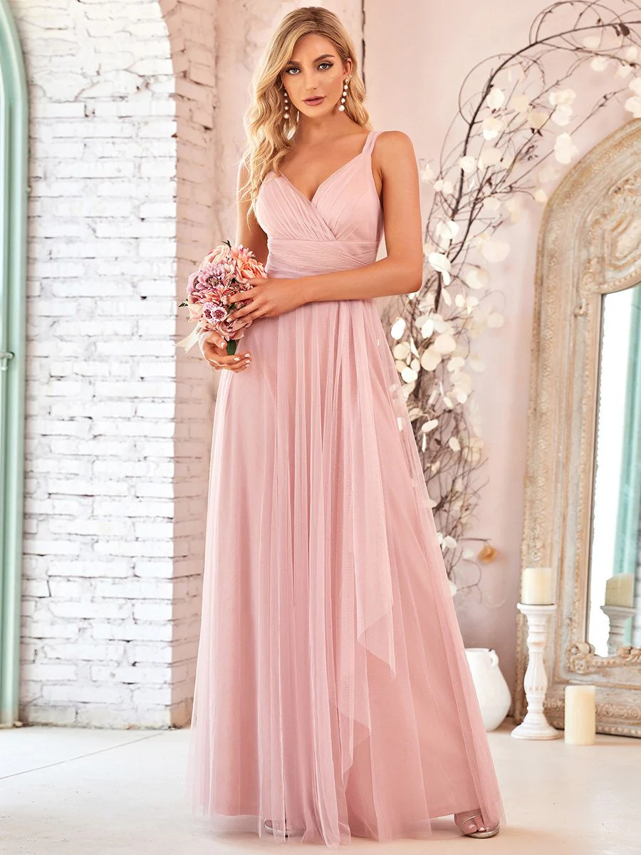 Floor Length Sleeveless Tulle Bridesmaid Dresses #EMEP07303