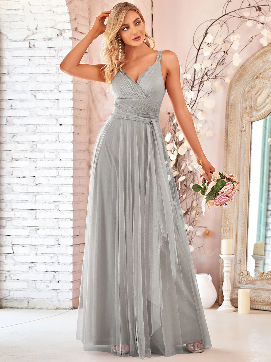 Floor Length Sleeveless Tulle Bridesmaid Dresses #EMEP07303