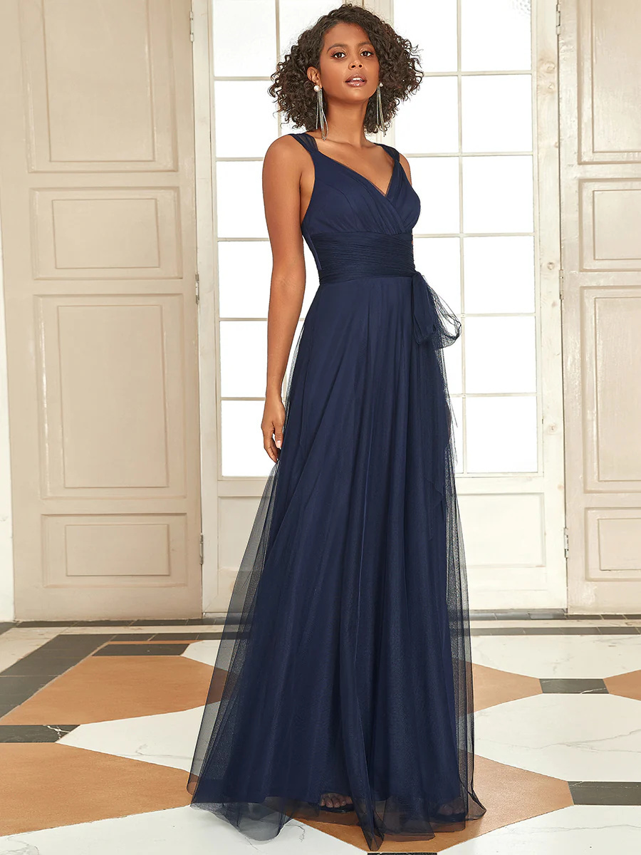 Floor Length V-neck Sleeveless Maxi Tulle Bridesmaid Dress #EMEP07303