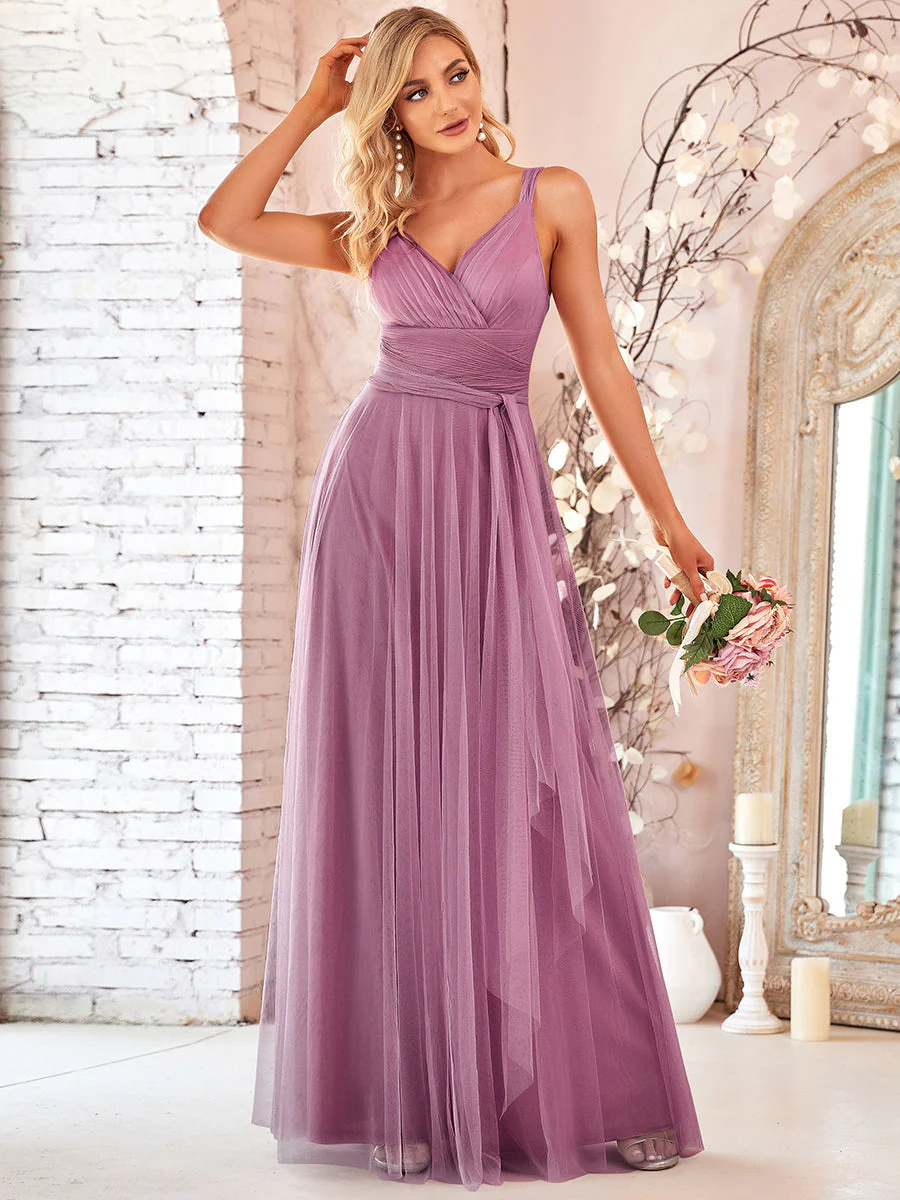 Floor Length Sleeveless Tulle Bridesmaid Dresses #EMEP07303