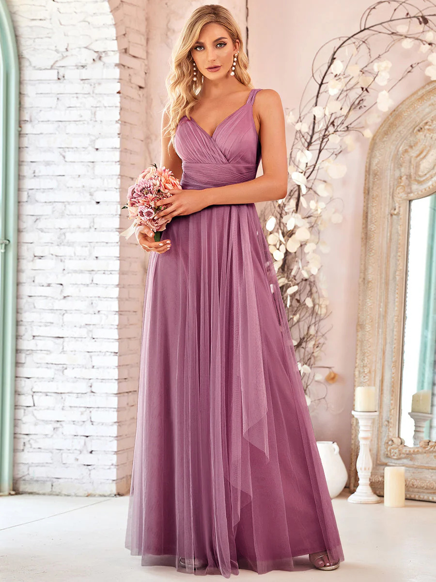 Floor Length Long Lantern Sleeves Bridesmaid Dress #EMEP00461