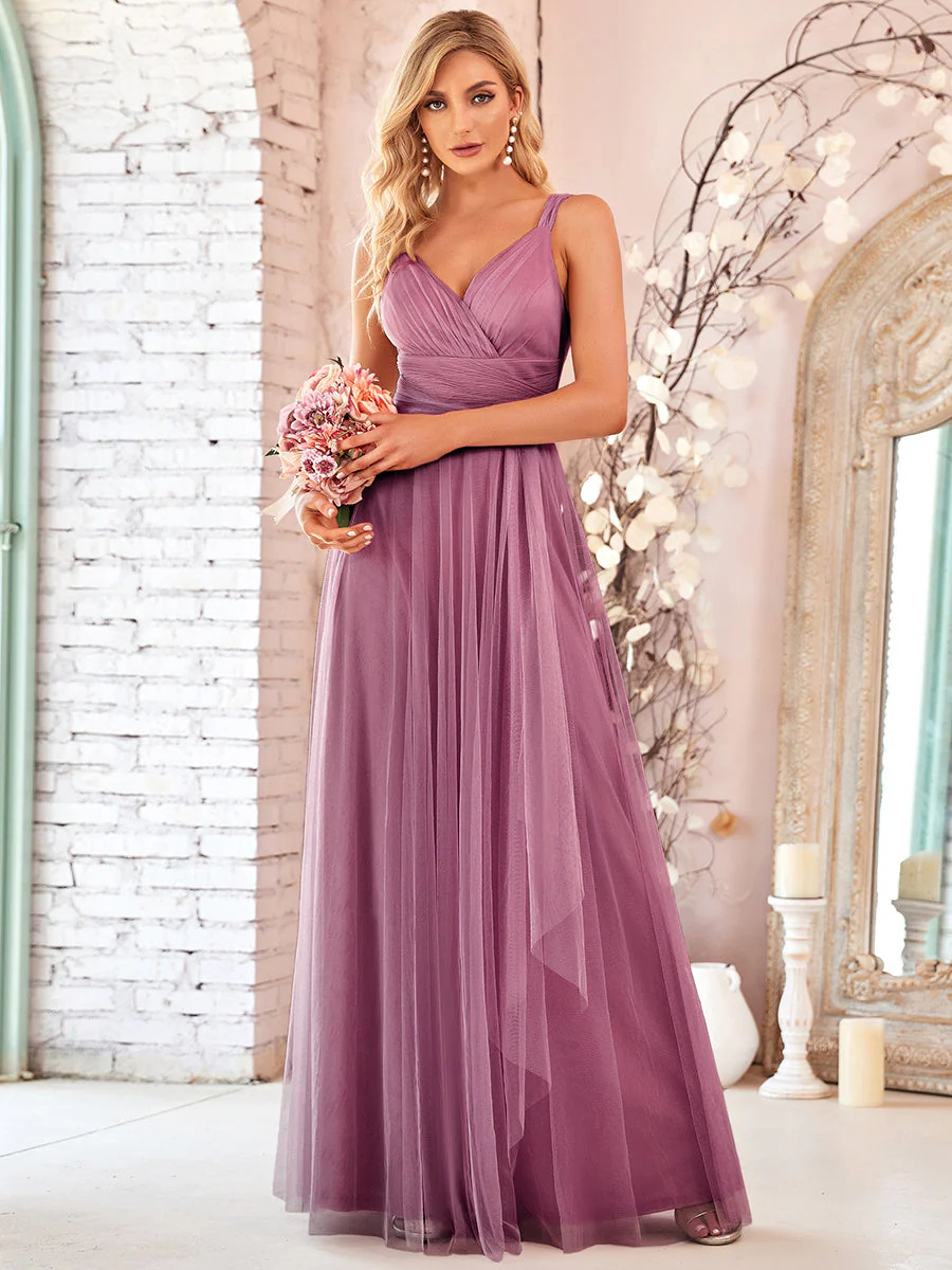 Floor Length Long Lantern Sleeves Bridesmaid Dress #EMEP00461