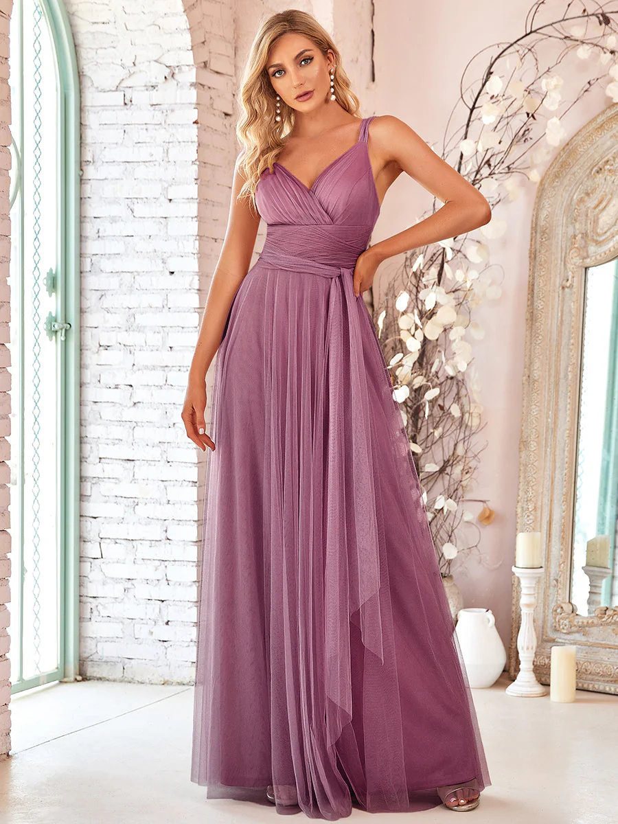 Floor Length Sleeveless Tulle Bridesmaid Dresses #EMEP07303