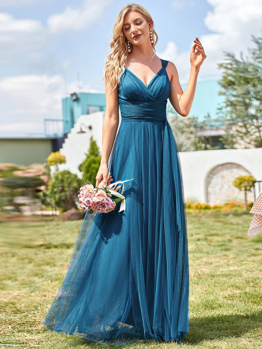 Floor Length V-neck Sleeveless Maxi Tulle Bridesmaid Dress #EMEP07303