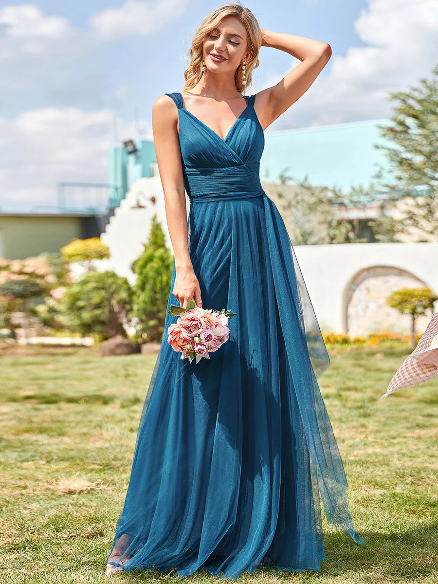 Floor Length V-neck Sleeveless Maxi Tulle Bridesmaid Dress #EMEP07303