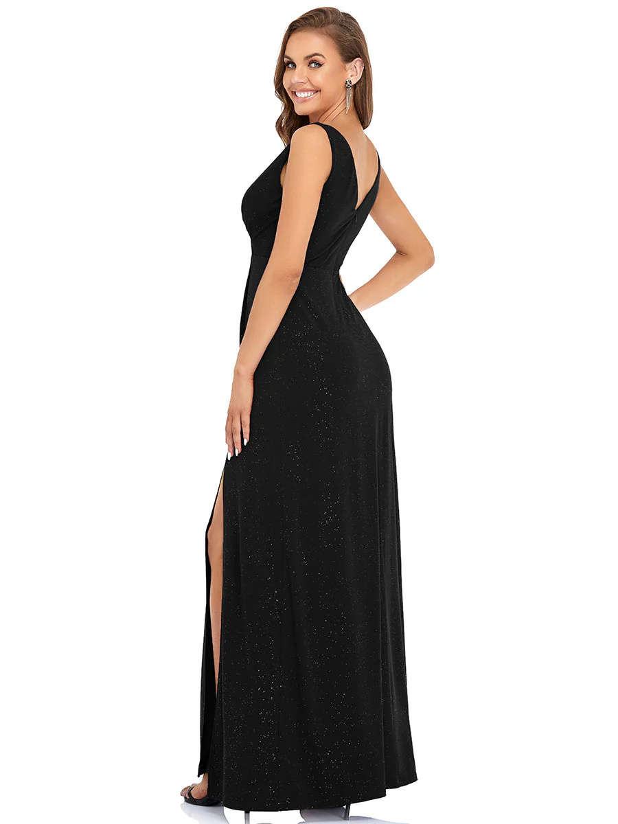 V-Neck Shimmery Bridesmaid Dress With Side Split #EMEP07505