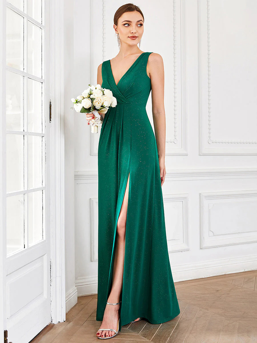  V-Neck Floor Length Shimmery Bridesmaid Dress With Side Split #EMEE07506