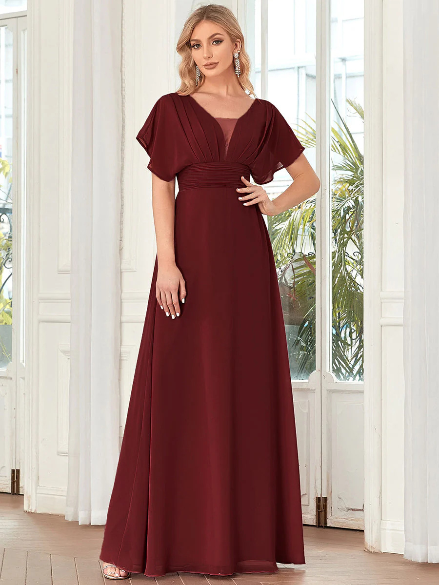 A-Line V-neck Empire Waist ruffle sleeves Bridesmaid Dress #EMEE07852