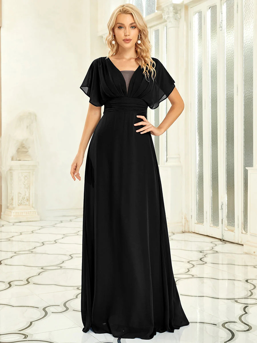 A-Line V-neck Empire Waist ruffle sleeves Bridesmaid Dress #EMEE07852