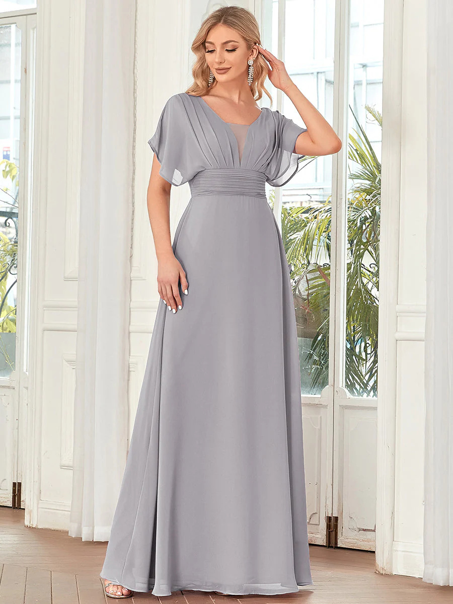 A-Line V-neck Empire Waist ruffle sleeves Bridesmaid Dress #EMEE07852