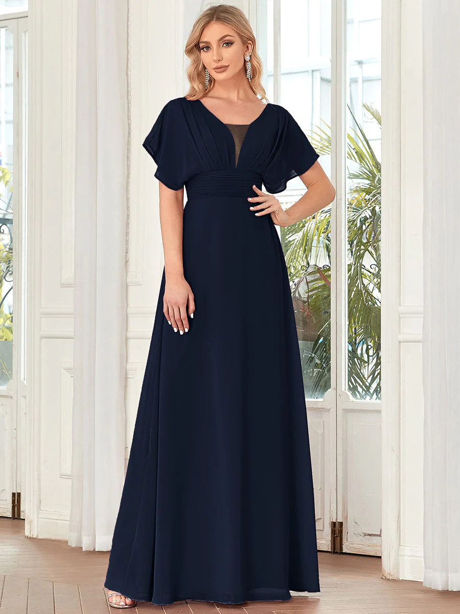 A-Line V-neck Empire Waist ruffle sleeves Bridesmaid Dress #EMEE07852