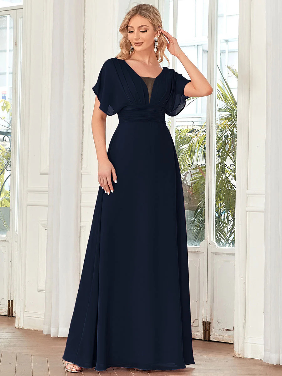 A-Line V-neck Empire Waist ruffle sleeves Bridesmaid Dress #EMEE07852