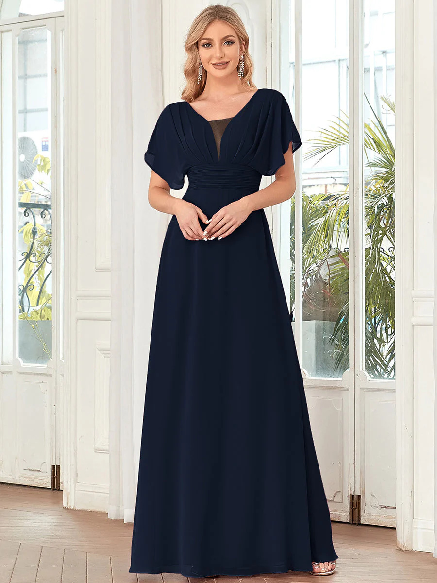 A-Line V-neck Empire Waist ruffle sleeves Bridesmaid Dress #EMEE07852