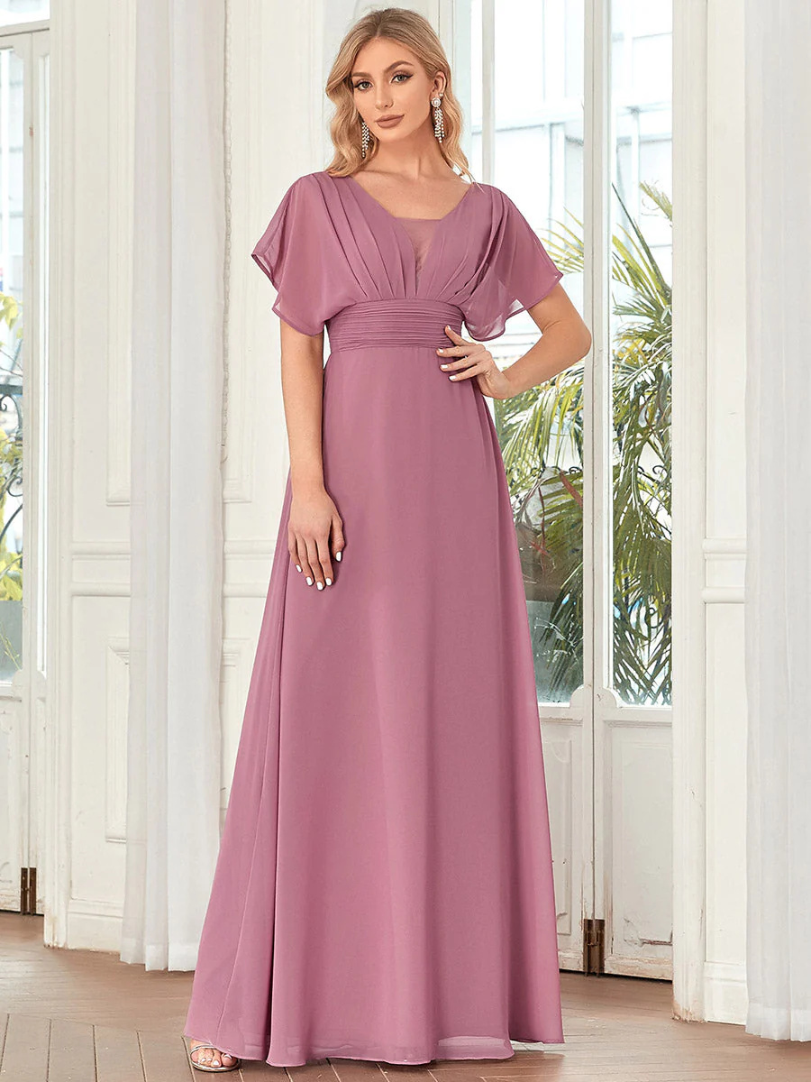 A-Line V-neck Empire Waist ruffle sleeves Bridesmaid Dress #EMEE07852